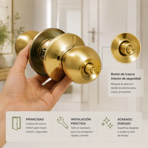 Cerradura De Pomo Con Llave Para Puertas De Interior Dorado