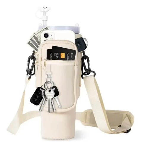 Funda Para Vaso Térmico Con Correa Y Bolsillos Tipo Stanley Beige Lisa Negro