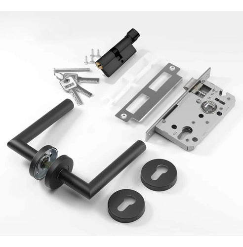 Set De Cerradura Con Cilindro Y Manijas Para Puerta Interior Izquierda Negro