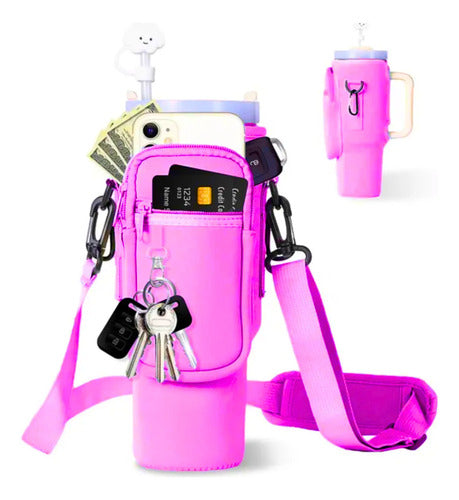 Funda Bandolera Para Vaso Térmico Con Correa Y Bolsillo Fucsia Lisa Negro