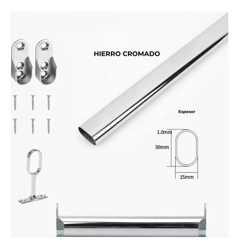 Barrote Oval Cromado Con Soportes Para Perchero 1,5 Metros Cromado