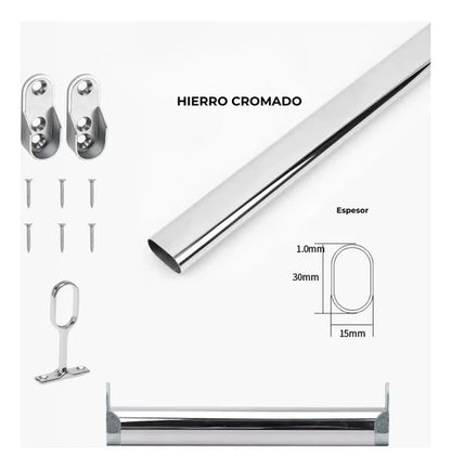 Barrote Oval Cromado Con Soportes Para Perchero 1,5 Metros Cromado