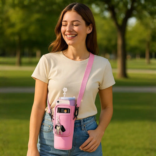 Funda Bandolera Para Vaso Térmico Con Correa Y Bolsillo Rosa Lisa Negro