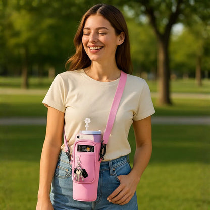 Funda Bandolera Para Vaso Térmico Con Correa Y Bolsillo Rosa Lisa Negro
