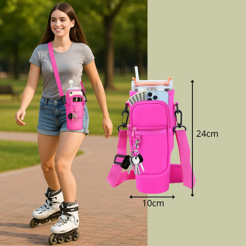 Funda Bandolera Para Vaso Térmico Con Correa Y Bolsillo Fucsia Lisa Negro