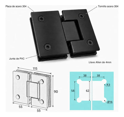 Bisagra Blindex 180 Grados Mampara Vidrio 6 A 12mm Negro
