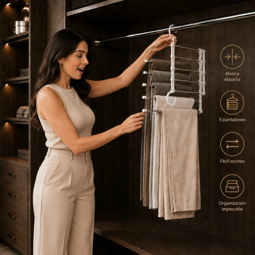 Organizador De Pantalones Colgante Plegable 5 Barras 5 Set Blanco Y Metal