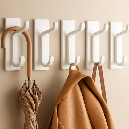 Pack 5 Ganchos Dobles Adhesivos Pared Ideal Organizar Hogar Blanco