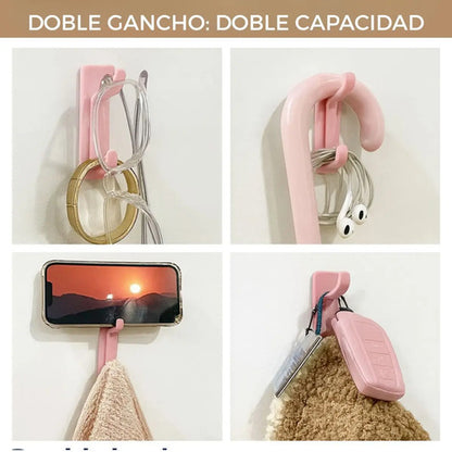 Pack 5 Ganchos Dobles Adhesivos Pared Ideal Organizar Hogar Rosa