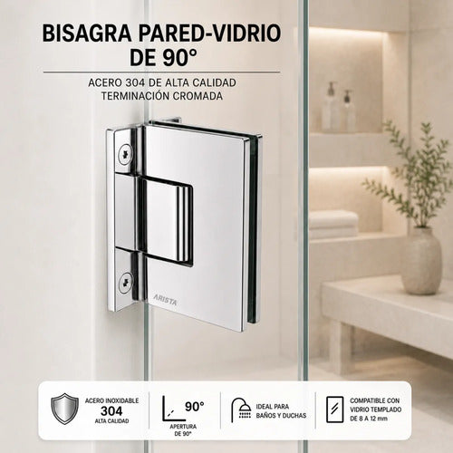 Bisagra 90° Mampara Vidrio 6-12mm Acero Cromado