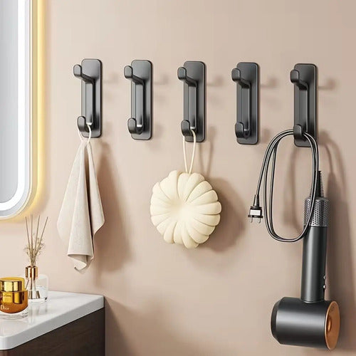 Pack 5 Ganchos Dobles Adhesivos Pared Ideal Organizar Hogar Negro