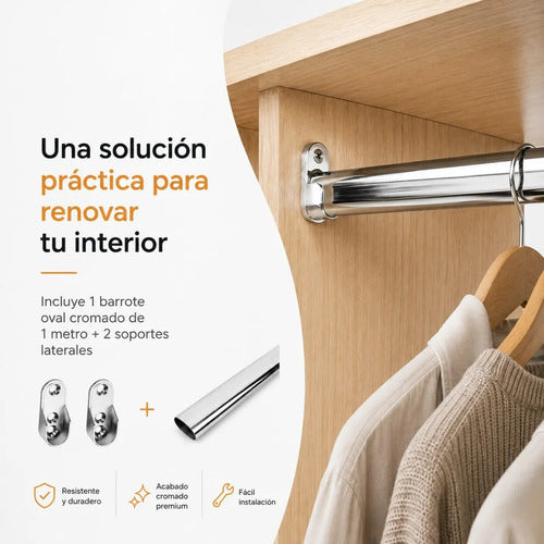 Barrote Oval Cromado Con Soportes Para Perchero 1 Metro Cromado