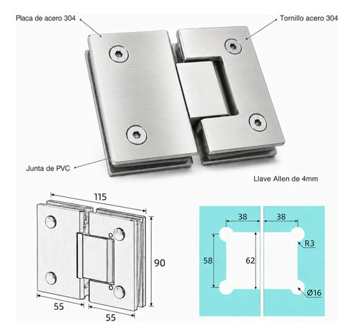 Bisagra Blindex 180 Grados Mampara Vidrio 6 A 12mm Satinado