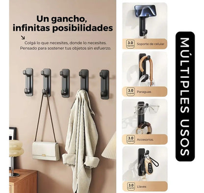 Pack 5 Ganchos Dobles Adhesivos Pared Ideal Organizar Hogar Negro