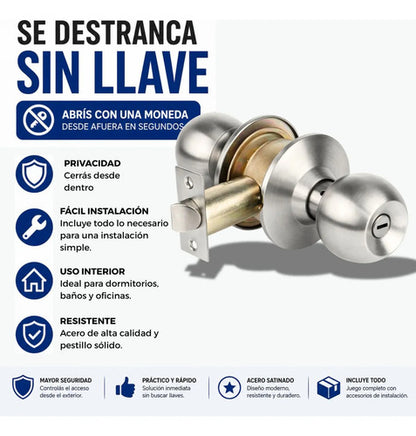 Cerradura De Pomo Acero Con Llavín Para Puertas De Interior Plateado