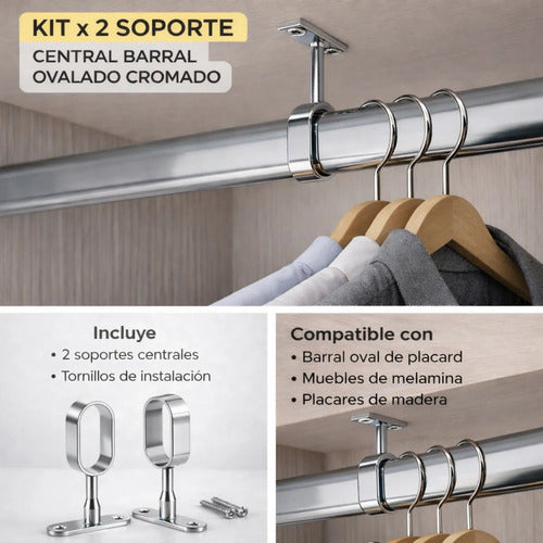 Set X2 De Soportes Central Barral Oval Placard Perchero Plateado