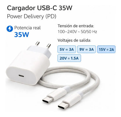 Cargador 35w Carga Súper Rápida Usb-c Con Cable Reforzado Blanco