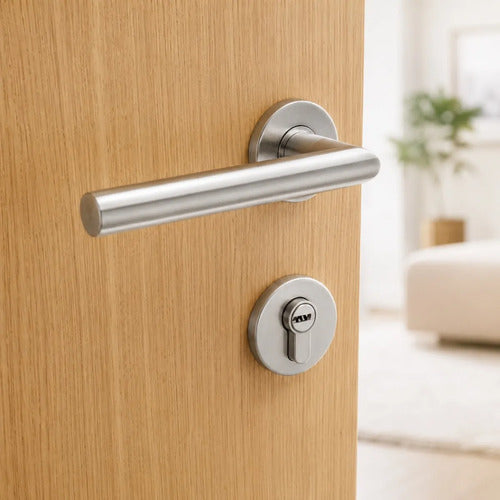 Manija Recta De Acero Inox Con Bocallave Para Puerta Plateado