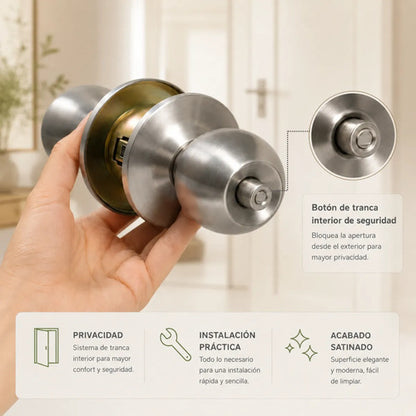 Cerradura De Pomo Acero Con Llavín Para Puertas De Interior Plateado