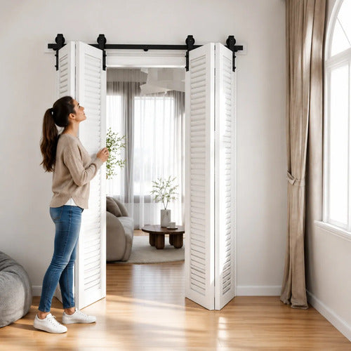 Kit Riel Plegable Granero Completo Para 2 Puertas Corredizas