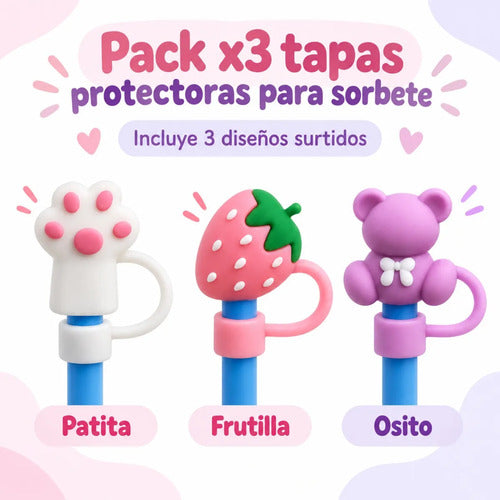Pack X3 Tapas Protectoras De Silicona Para Sorbete Pajita 1