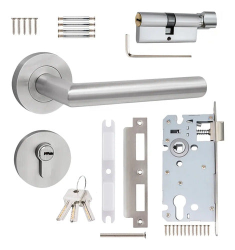 Set De Cerradura Con Cilindro Y Manijas Para Puerta Interior Izquierda Plateado
