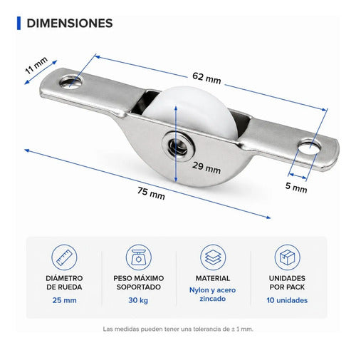 Rueda Colisa Nylon 25mm Para Muebles Puertas Cajones Pack 10 Blanco