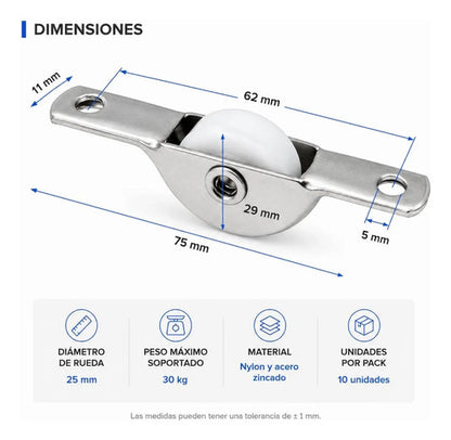 Rueda Colisa Nylon 25mm Para Muebles Puertas Cajones Pack 10 Blanco