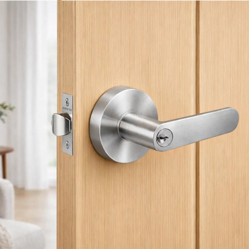 Manija Línea Bella Para Puerta Interior O Exterior Con Llave Acero Plateado