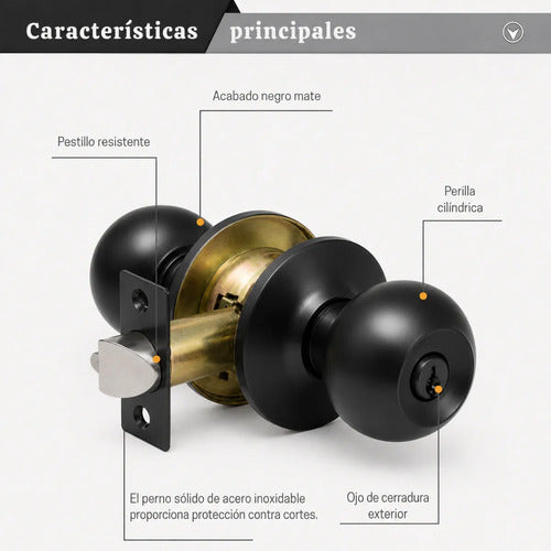 Cerradura De Pomo En Acero Laqueado Negro Con Llave Negro
