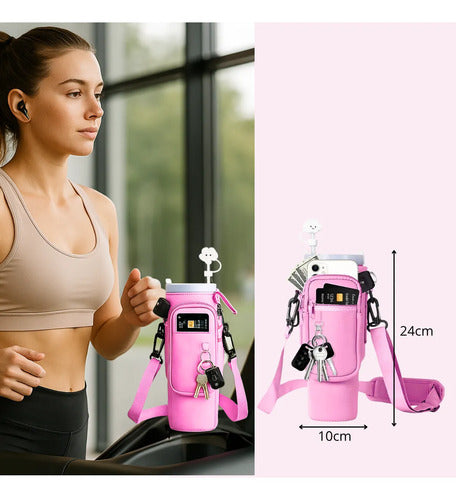 Funda Bandolera Para Vaso Térmico Con Correa Y Bolsillo Rosa Lisa Negro