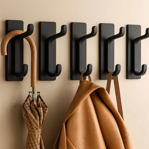 Pack 5 Ganchos Dobles Adhesivos Pared Ideal Organizar Hogar Negro