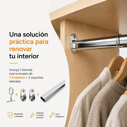 Barrote Oval Cromado Con Soportes Para Perchero 1,5 Metros Cromado