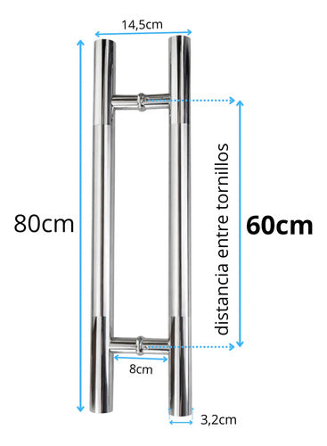 Manijón Doble 80cm Cilíndrico Acero Para Puerta Plateado Cromado Cepillado