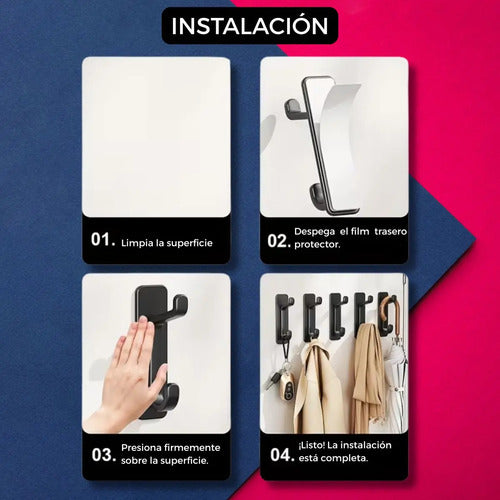 Pack 5 Ganchos Dobles Adhesivos Pared Ideal Organizar Hogar Negro