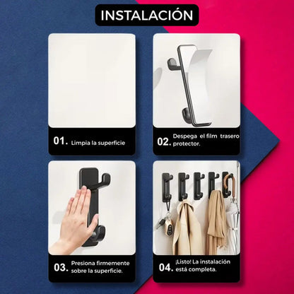 Pack 5 Ganchos Dobles Adhesivos Pared Ideal Organizar Hogar Negro