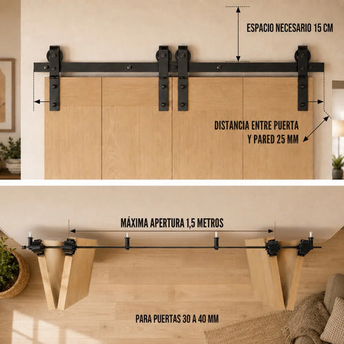 Kit Riel Plegable Granero Completo Para 2 Puertas Corredizas