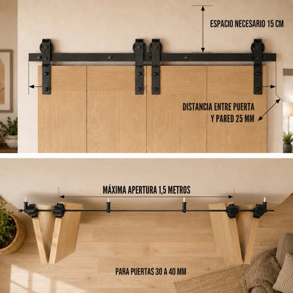 Kit Riel Plegable Granero Completo Para 2 Puertas Corredizas