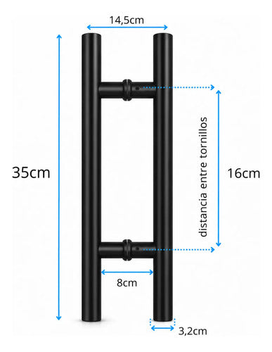 Manijón Doble 35cm X 16cm Cilíndrico Acero Para Puerta Negro