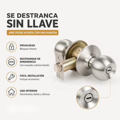 Cerradura De Pomo Acero Con Llavín Para Puertas De Interior Plateado