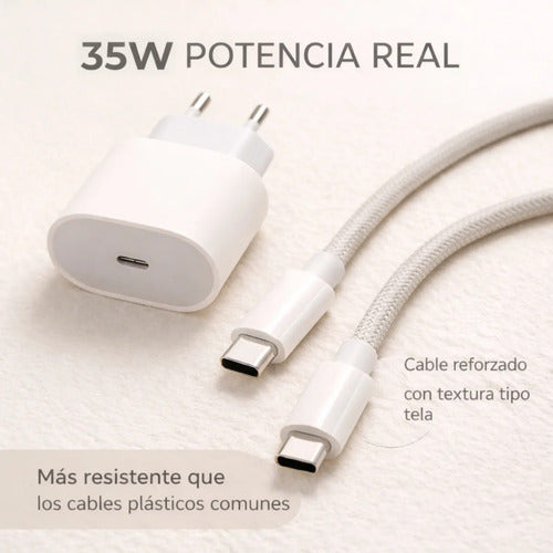 Cargador 35w Carga Súper Rápida Usb-c Con Cable Reforzado Blanco