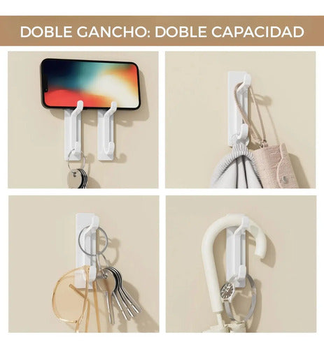 Pack 5 Ganchos Dobles Adhesivos Pared Ideal Organizar Hogar Blanco