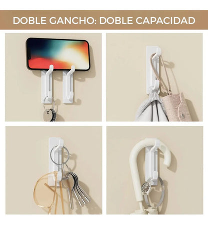 Pack 5 Ganchos Dobles Adhesivos Pared Ideal Organizar Hogar Blanco