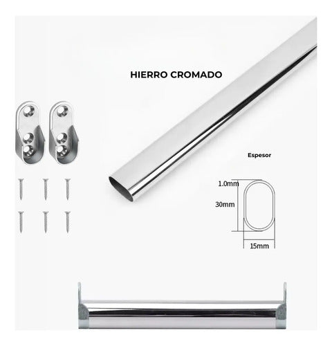 Barrote Oval Cromado Con Soportes Para Perchero 1 Metro Cromado