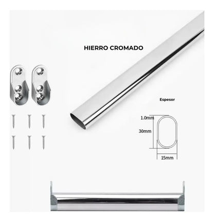 Barrote Oval Cromado Con Soportes Para Perchero 1 Metro Cromado